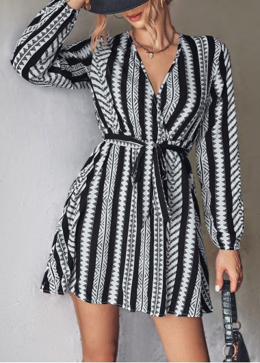 Geometric Print Tie Belted Black Dress