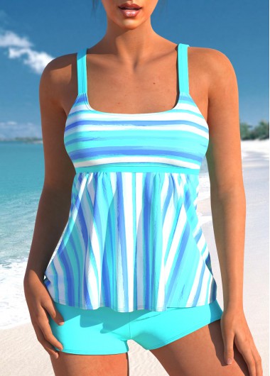 ROTITA Cyan Wide Strap Striped Tankini Top