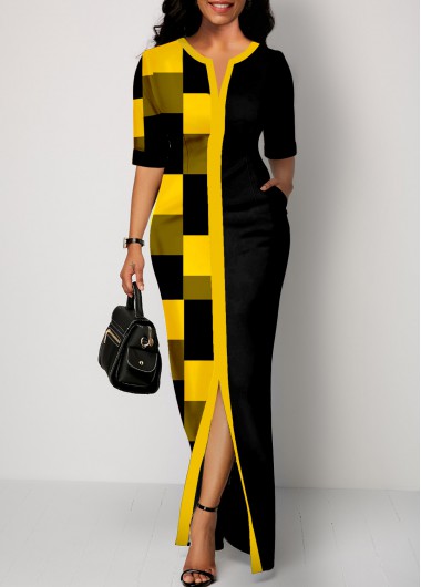 Geometric Print Patchwork Yellow Maxi Dress
