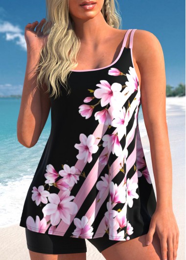 Floral Print Contrast Binding Pink Tankini Top