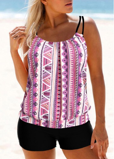 Geometric Print Light Pink Tankini Top