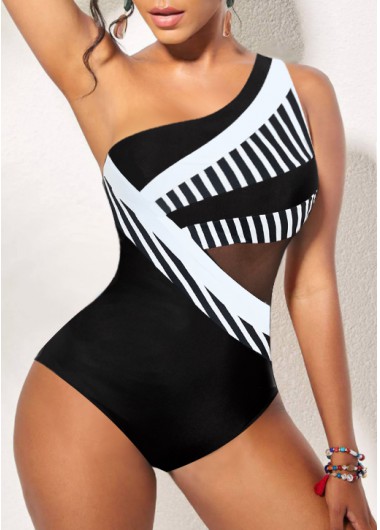 Striped Patchwork Black One Piece Swimwear