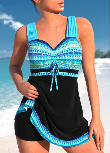 Tie Dye Print Bowknot Cyan Swimdress Top