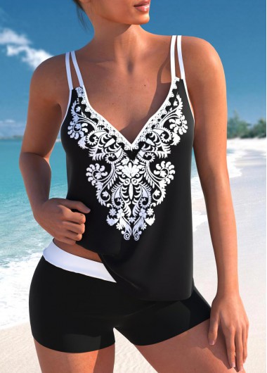 Double Straps Tribal Print Black Tankini Top