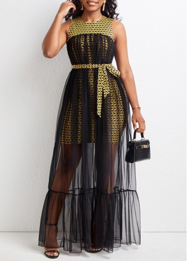 Chevron Print Mesh Belted Black Maxi Dress
