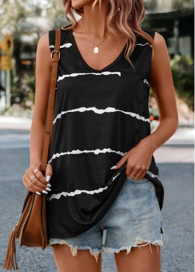 Striped V Neck Black Tank Top