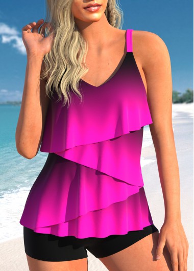 Ombre Asymmetry Neon Rose Red Tankini Top