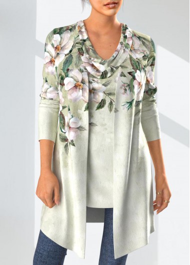Floral Print Draped Neck Sage Green Cardigan and Tank Top