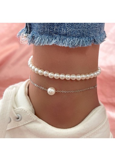 Round Pearl Design Layered Silver Anklet Set