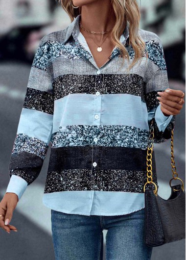 Light Blue Button Shirt Collar Long Sleeve Blouse