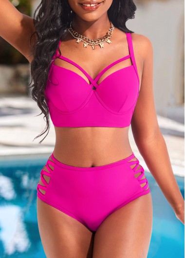 Mid Waisted Metal Ring Hot Pink Bikini Set