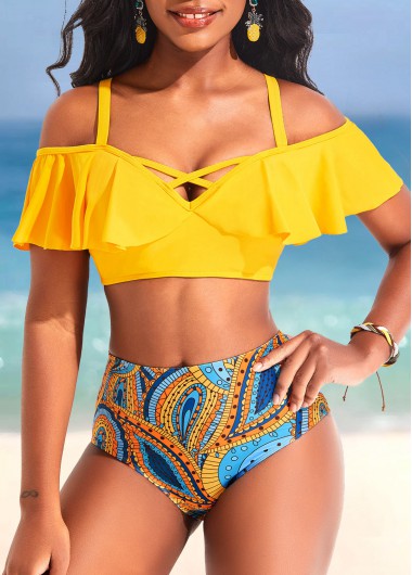 ROTITA Ruffle Yellow Paisley Print Mid Waisted Bikini Set