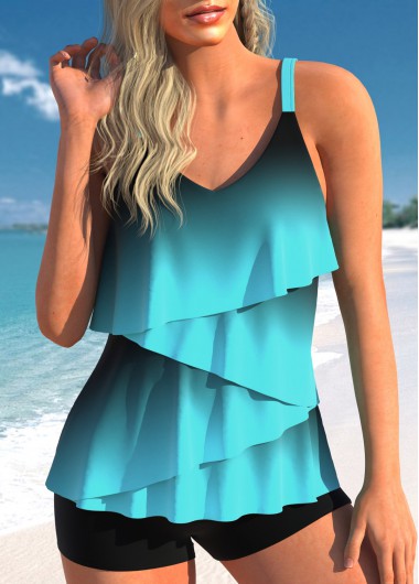 ROTITA Layered Hem Cyan Ombre Tankini Top