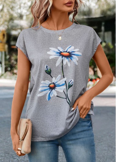 Floral Print Light Grey Marl Short Sleeve T Shirt