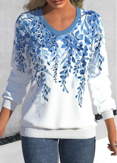 ROTITA Leaf Print Light Blue V Neck Sweatshirt