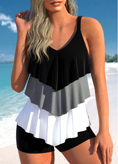 Contrast Handkerchief Hem Black Tankini Top