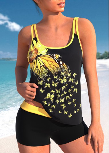 Sunflower Print Contrast Binding Yellow Tankini Top
