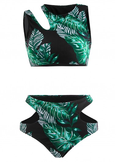 ROTITA Cut Out Black Leaf Print Mid Waisted Bikini Set