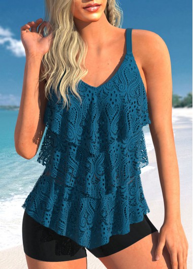 Layered Hem Lace Peacock Blue Tankini Top