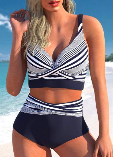 Striped Criss Cross Navy Bikini Top