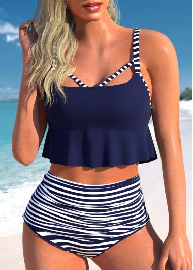Striped Cut Out Navy Bikini Top