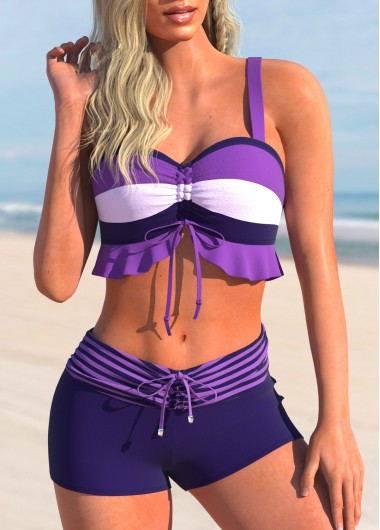 ROTITA Purple Striped Mid Waisted Swim Shorts