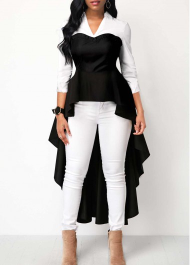 Patchwork Dip Hem Black Polo Collar Blouse