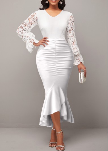 Lace Stitching V Neck White Bodycon Dress