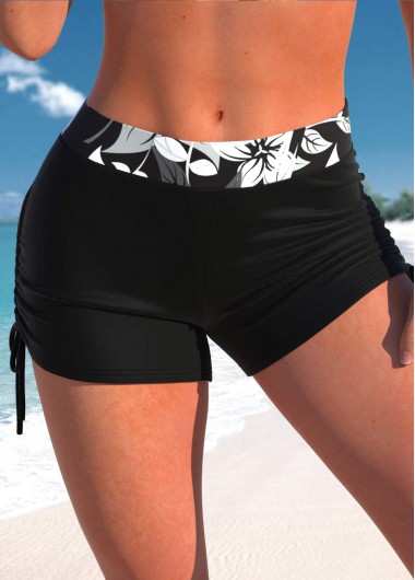 Floral Print Black Mid Waisted Swim Shorts