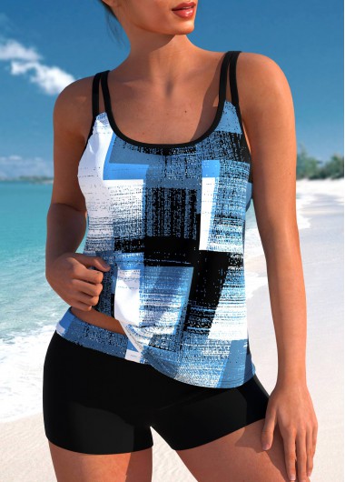 Geometric Print Denim Blue Double Straps Tankini Top