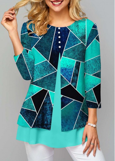 Geometric Print Layered Cyan Round Neck Blouse