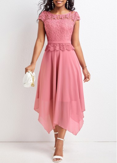 Pink Boat Neck Short Sleeve Asymmetry Dress
