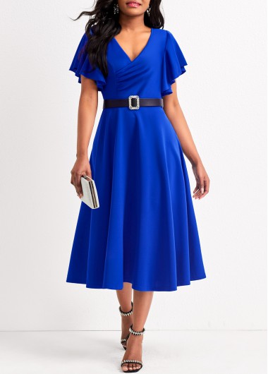 Royal Blue Smocked V Neck Short Sleeve Dress