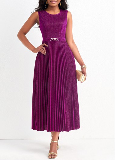 Pleated Dark Reddish Purple Shinning Round Neck Sleeveless Dress