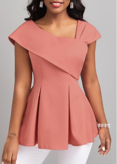 ROTITA Pink Asymmetrical Neck Short Sleeve Blouse