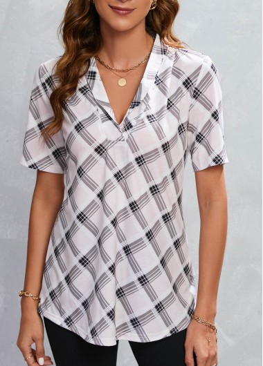 Plaid Beige V Neck Striped Blouse