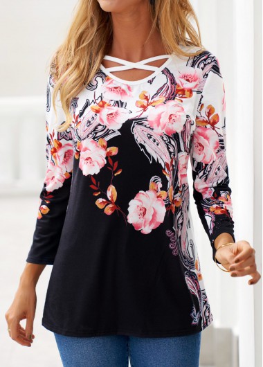 ROTITA Criss Cross Floral Print Black T Shirt