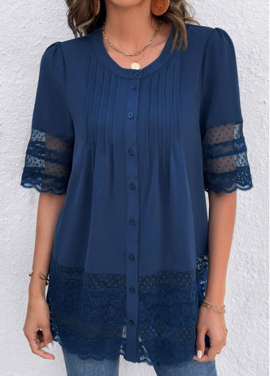 Lace Blue Round Neck Patchwork Blouse