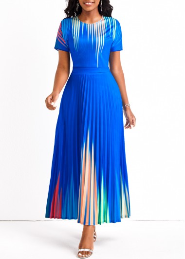 ROTITA Pleated Ombre Royal Blue Round Neck Maxi Dress