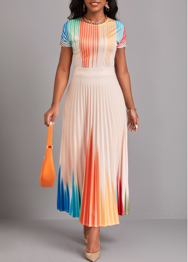 ROTITA Pleated Ombre Beige Round Neck Maxi Dress