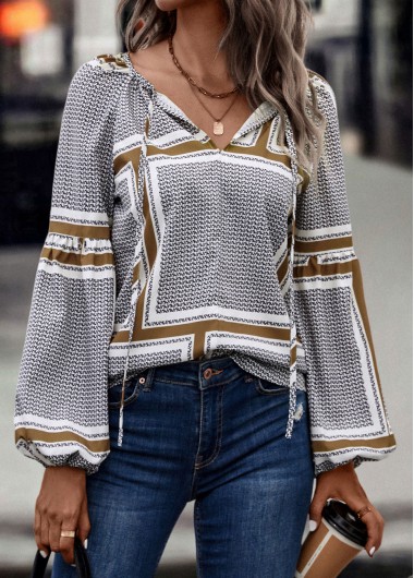 Plaid Tie Black V Neck Long Sleeve Blouse