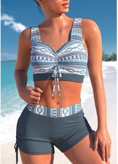 Dusty Blue Plus Size Tribal Print Bikini Top