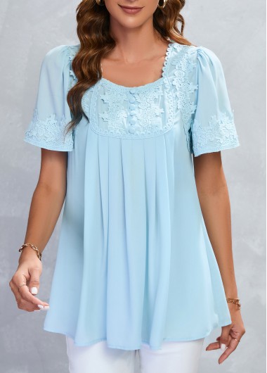 Lace Light Blue Square Neck Half Sleeve Blouse