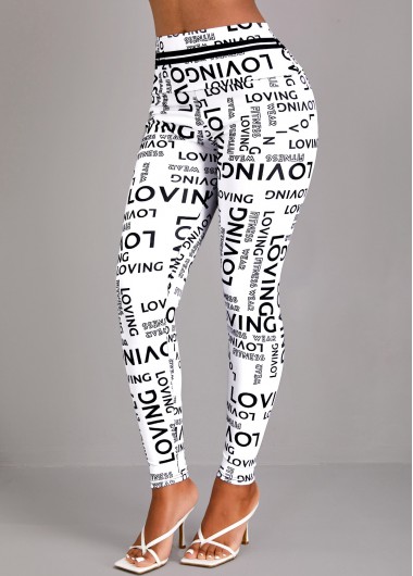 Letter Print White High Waisted Elastic Waist Leggings