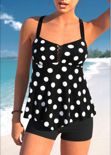 Polka Dot Handkerchief Hem Black Tankini Top