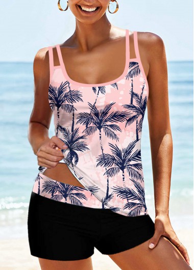 Tropical Plants Print Double Straps Pink Tankini Top