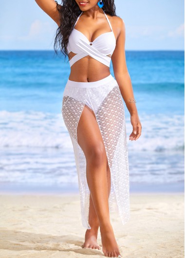 Mid Waisted Lace White Bikini Set and Beach Skirt