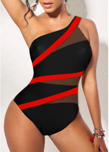 Contrast Asymmetry Black One Piece Swimwear