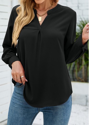 Split Neck Long Sleeve Black Blouse