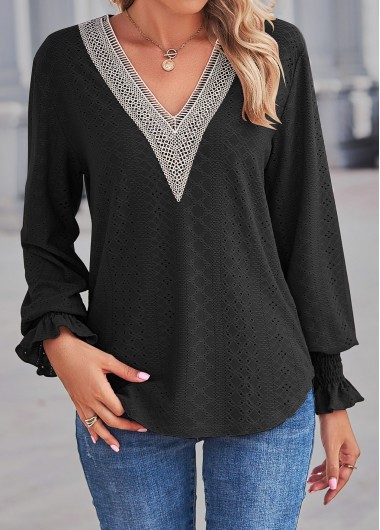 Lace V Neck Black Long Sleeve Blouse